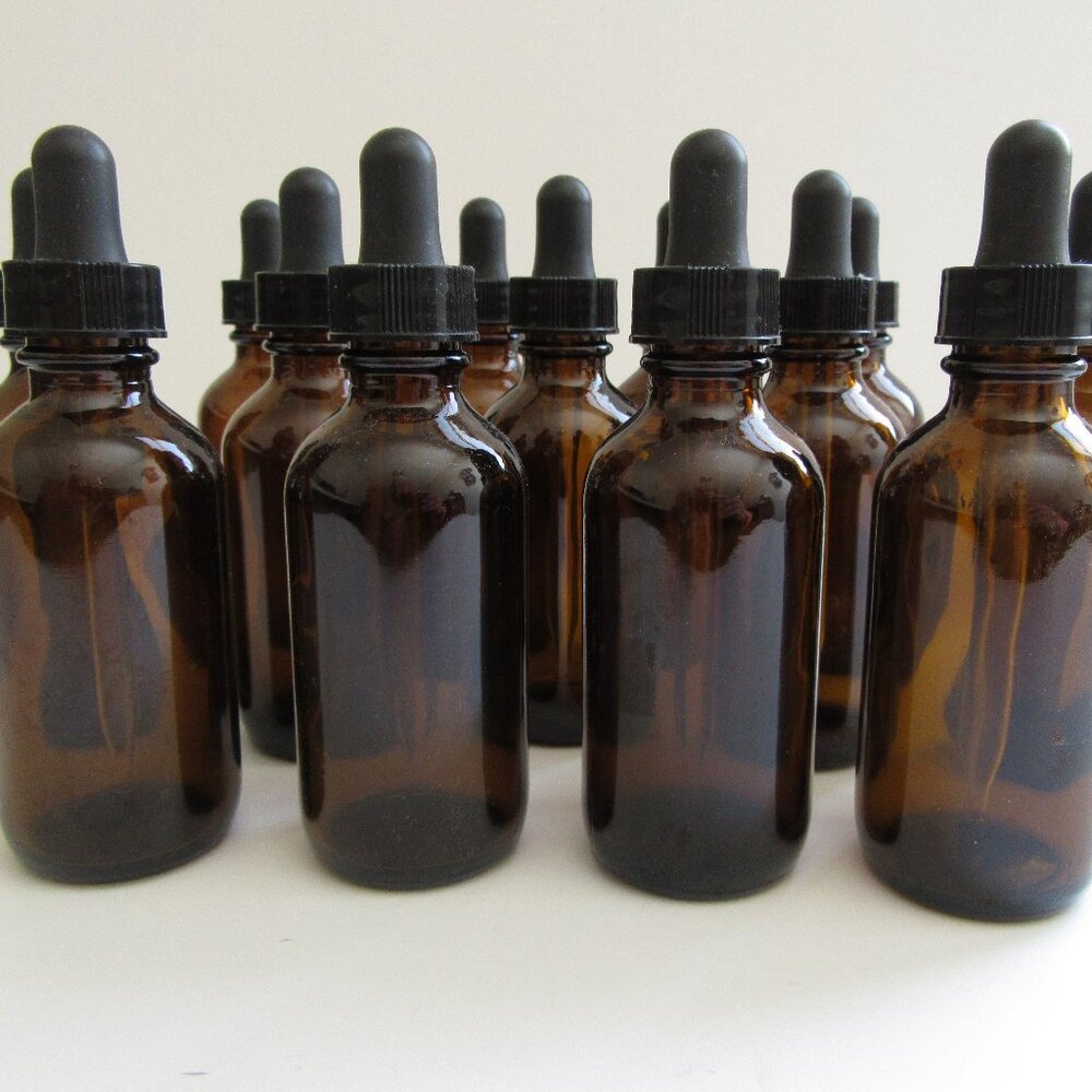 12 Glass Dropper Bottles Glass Pipettes 60 ml 2 oz Amber Brown EUC Homeopathic